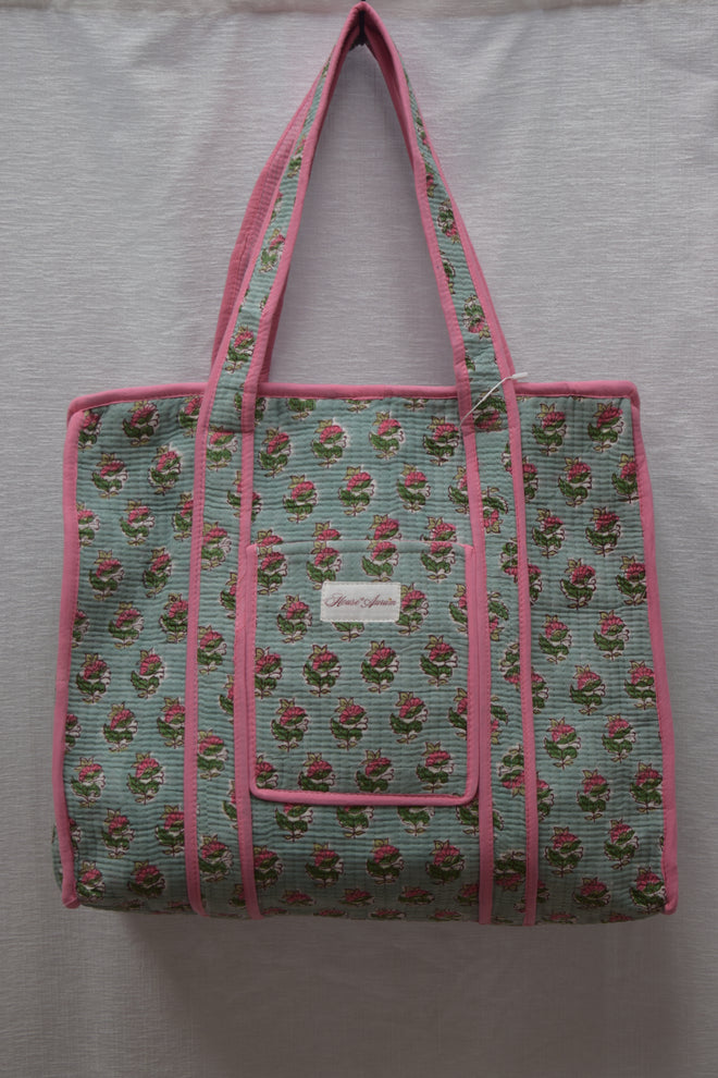 TURQUOISE PINK FLORAL TOTE