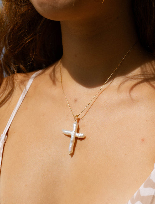 Kendall- Pearl Cross Necklace