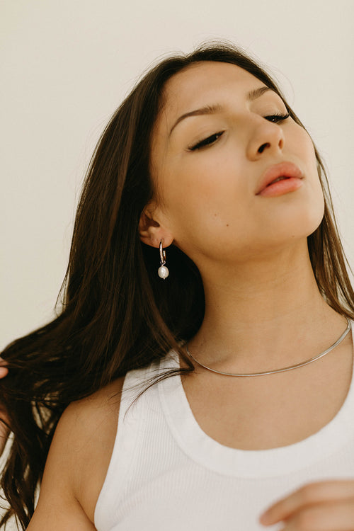 Lani- Silver Thin Pearl Drop Hoop