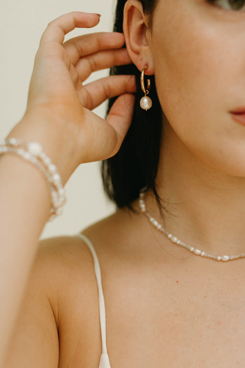 Lani- Gold Thin Pearl Drop Hoop