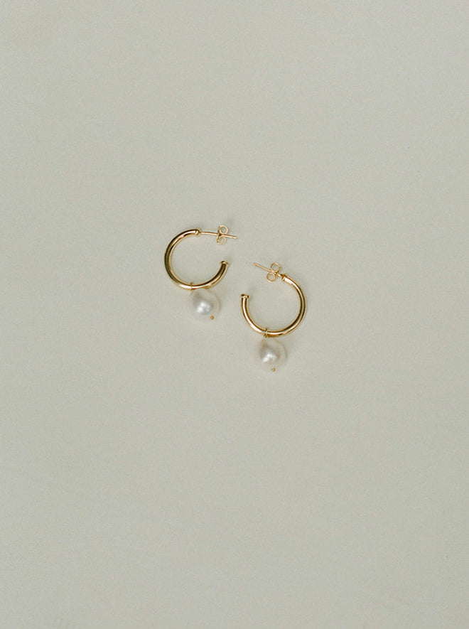 Lani- Gold Thin Pearl Drop Hoop