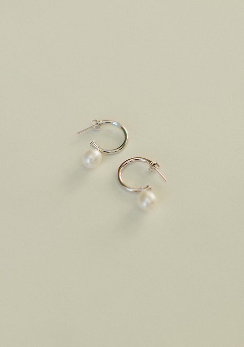 Lani- Silver Thin Pearl Drop Hoop