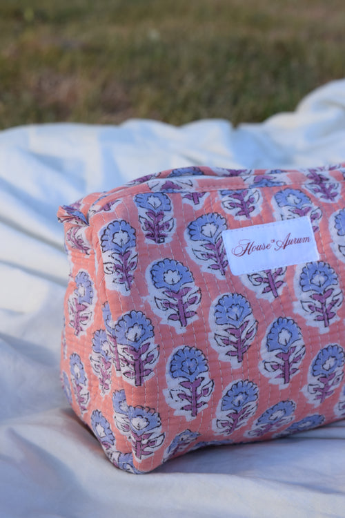 PEACH LIGHT BLUE FLORAL COSMETIC CASE