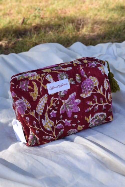 BURGUNDY FLORAL COSMETIC CASE