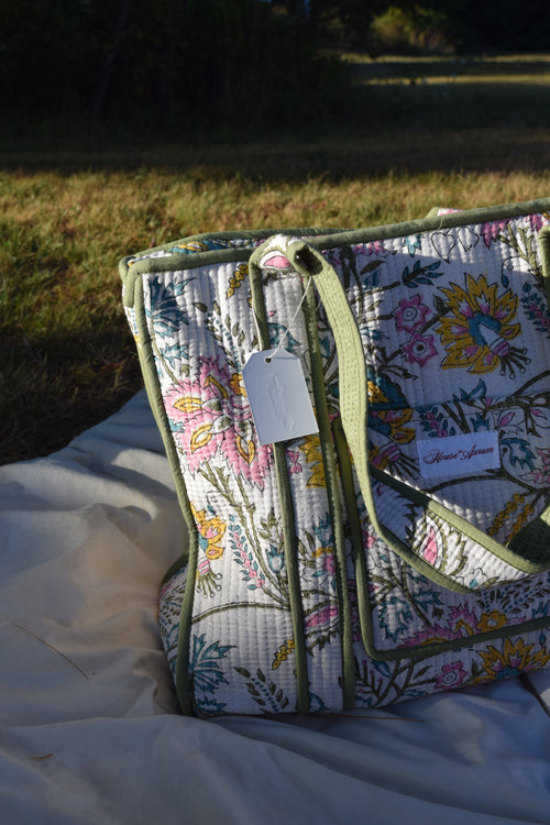 GREEN WHITE PINK FLORAL TOTE