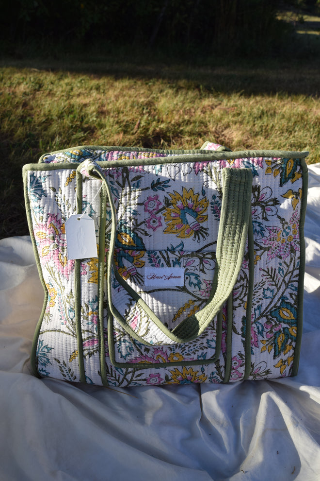 GREEN WHITE PINK FLORAL TOTE