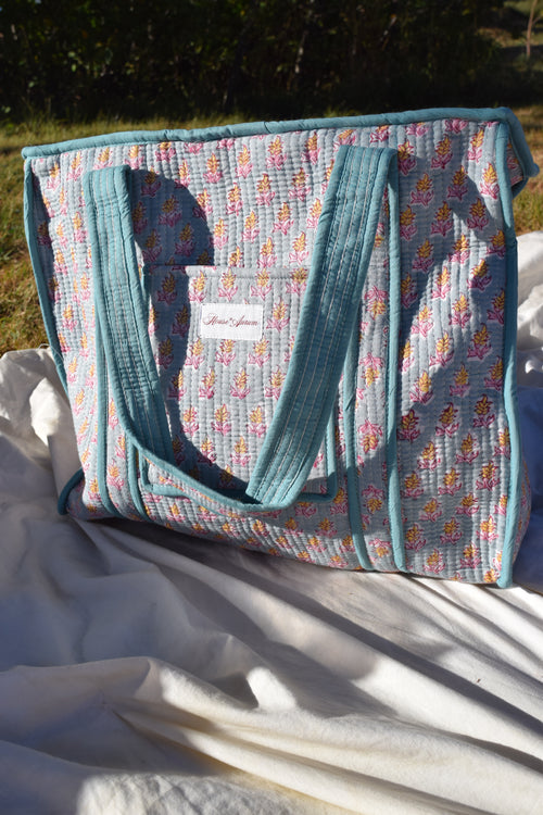 TURQUOISE PINK FLORAL TOTE