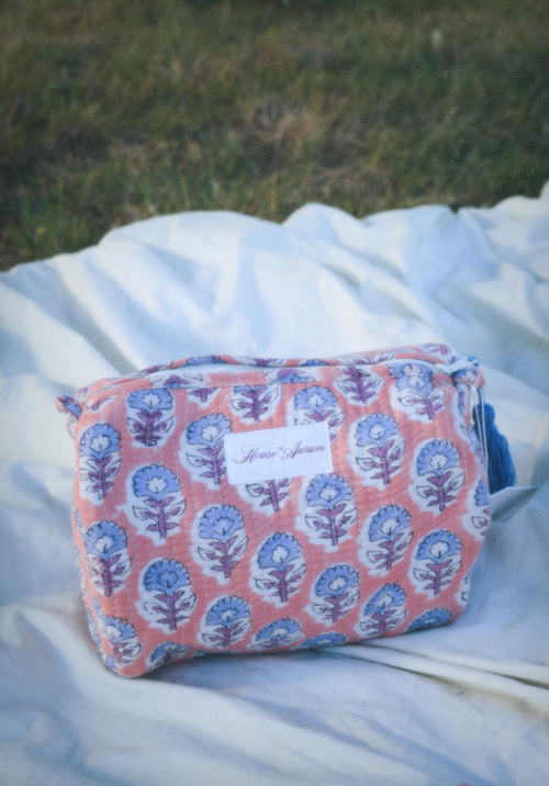 PEACH LIGHT BLUE FLORAL COSMETIC CASE
