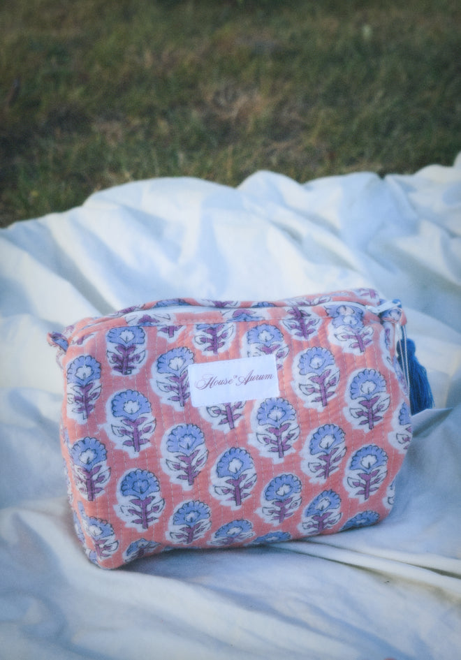 PEACH LIGHT BLUE FLORAL COSMETIC CASE
