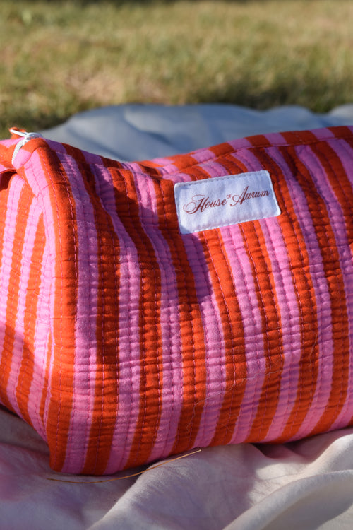 PINK ORANGE STRIPE COSMETIC CASE