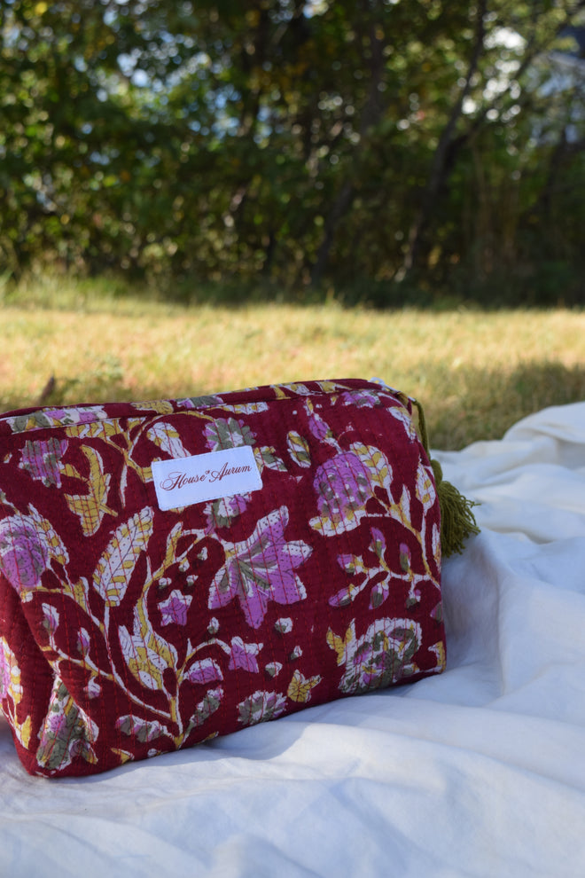 BURGUNDY FLORAL COSMETIC CASE