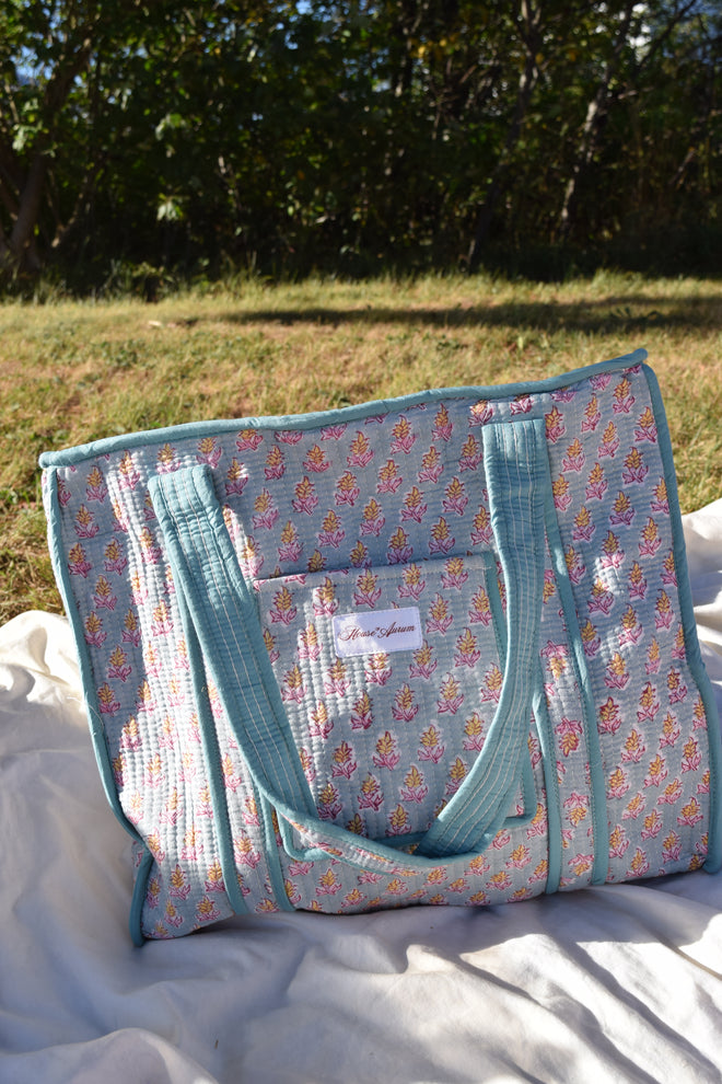 TURQUOISE PINK FLORAL TOTE