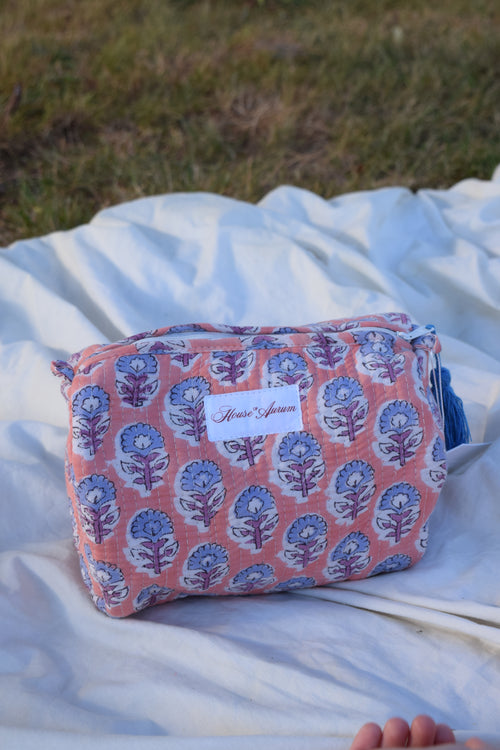 PEACH LIGHT BLUE FLORAL COSMETIC CASE