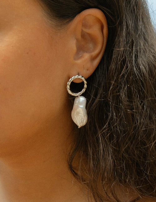 Miya-Silver Twisted Baroque Pearl Drop Earring