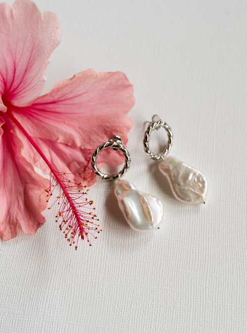 Miya-Silver Twisted Baroque Pearl Drop Earring