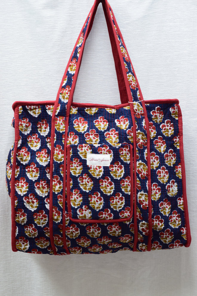BURGUNDY + DARK BLUE  FLORAL TOTE