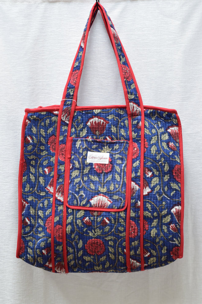 ROYAL BLUE + RED FLORAL TOTE