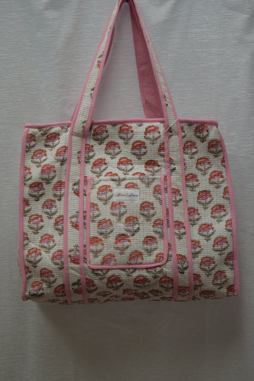 WHITE PINK FLORAL TOTE
