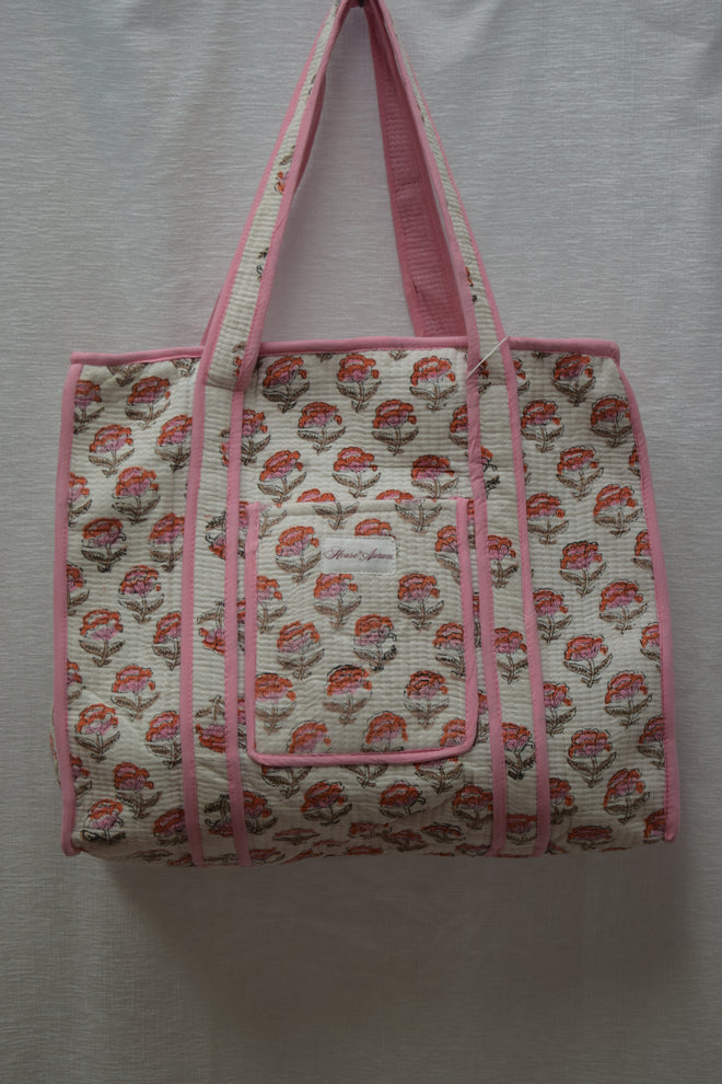 WHITE PINK FLORAL TOTE