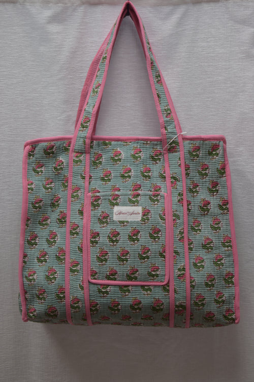 TURQUOISE PINK FLORAL TOTE