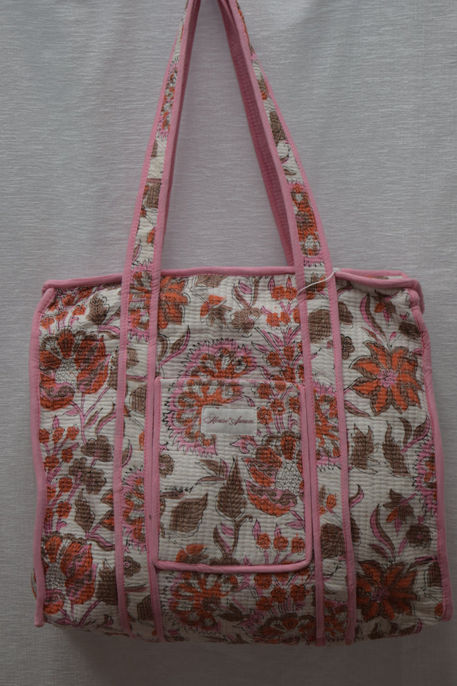 BEIGE ORANGE PINK FLORAL TOTE