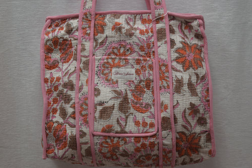 BEIGE ORANGE PINK FLORAL TOTE