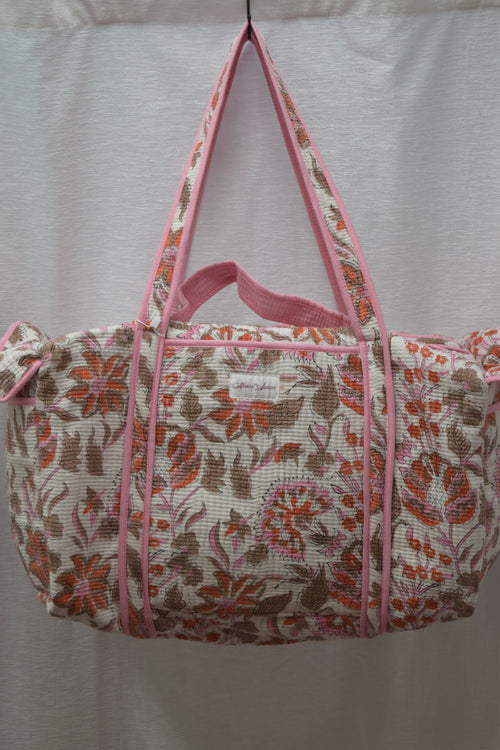 BEIGE PINK ORANGE FLORAL DUFFLE