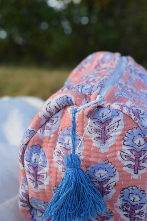 PEACH LIGHT BLUE FLORAL COSMETIC CASE