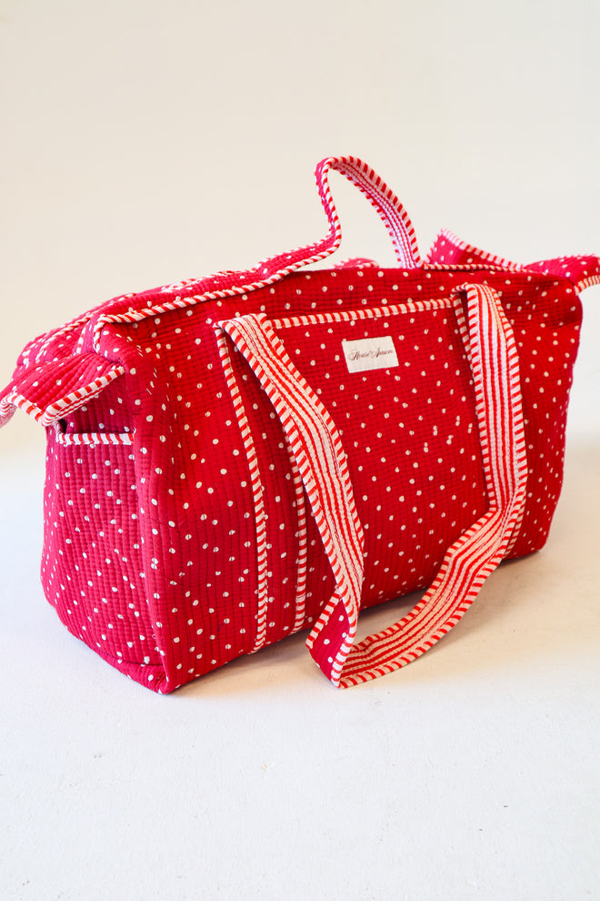 Diamond Quilted Duffle- Red Polka Dot