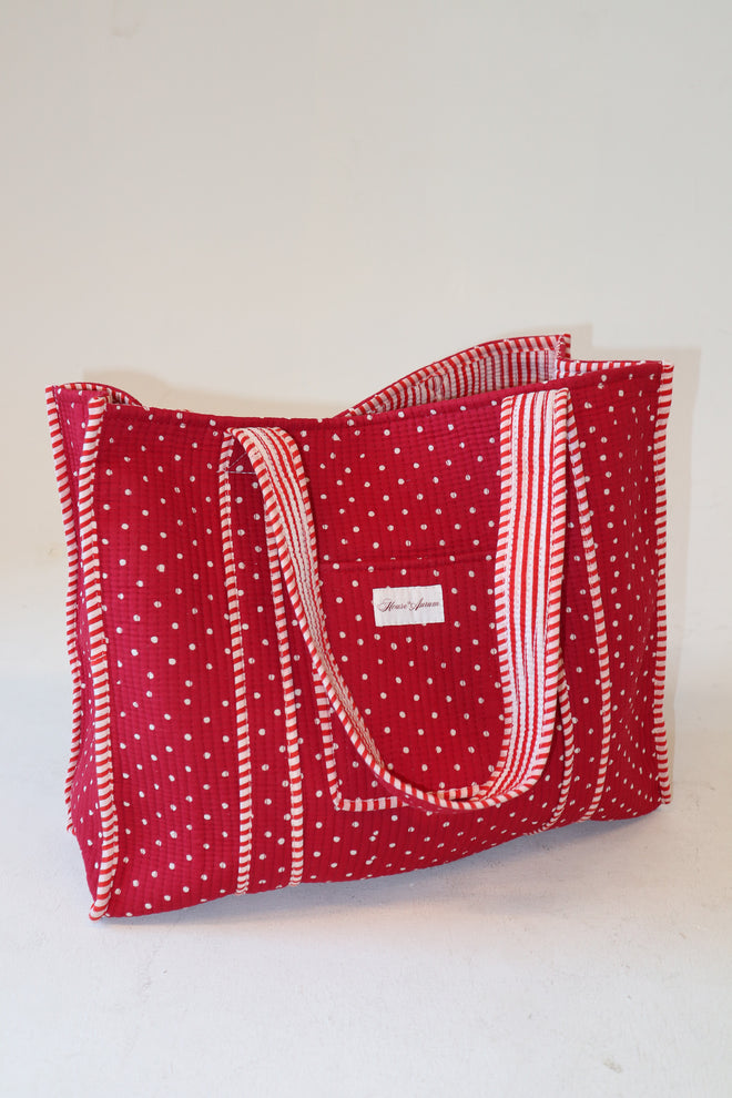 Diamond Quilted Tote- Red Polka Dot
