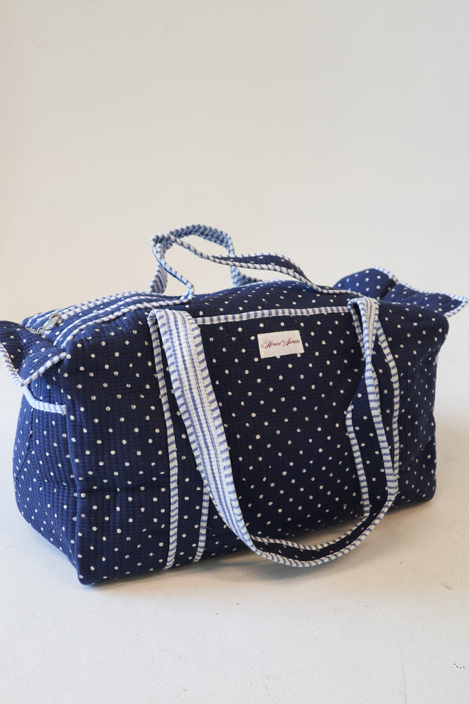 Diamond Quilted Duffle- Navy Polka Dot