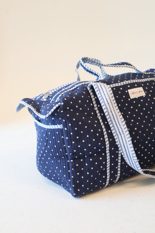 Diamond Quilted Duffle- Navy Polka Dot