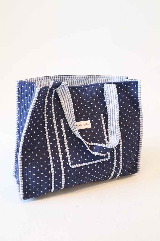 Diamond Quilted Tote- Navy Polka Dot