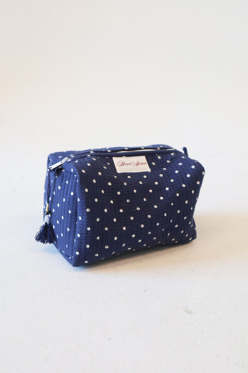 Quilted Cosmetic Case- Navy Polka Dot