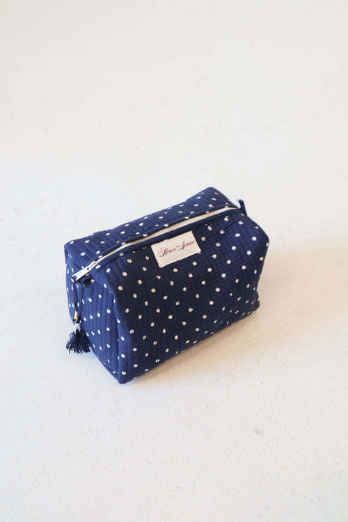 Quilted Cosmetic Case- Navy Polka Dot