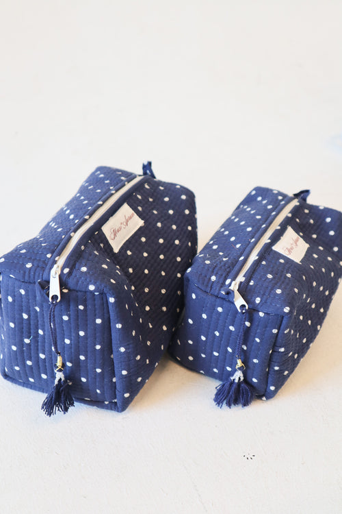Quilted Cosmetic Case- Navy Polka Dot