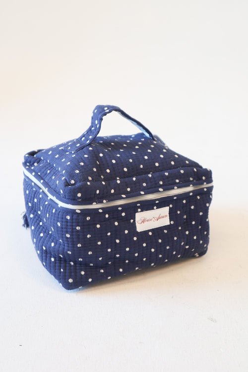Quilted Vanity Case-Navy Polka Dot