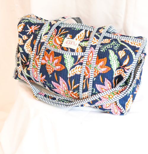 Quilted Medium Duffle- Navy Floral