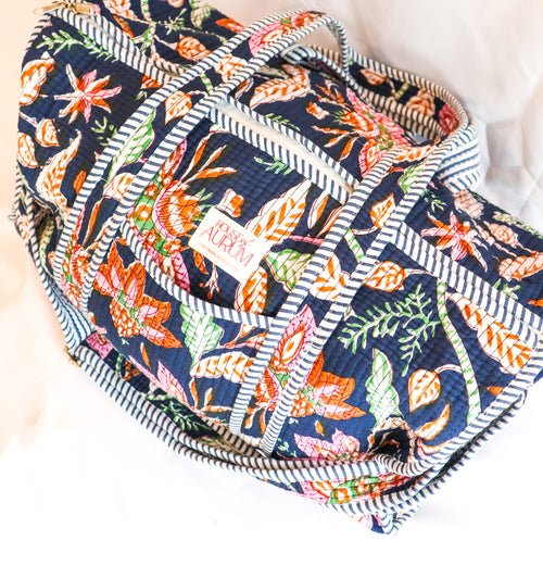 Quilted Medium Duffle- Navy Floral