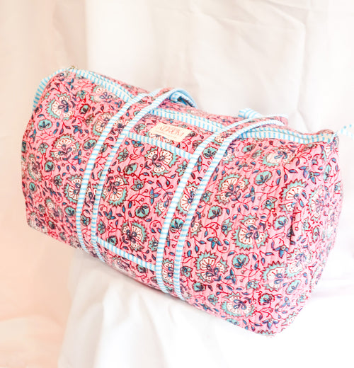 Quilted Medium Duffle- Pink Turquoise Floral