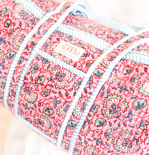 Quilted Medium Duffle- Pink Turquoise Floral