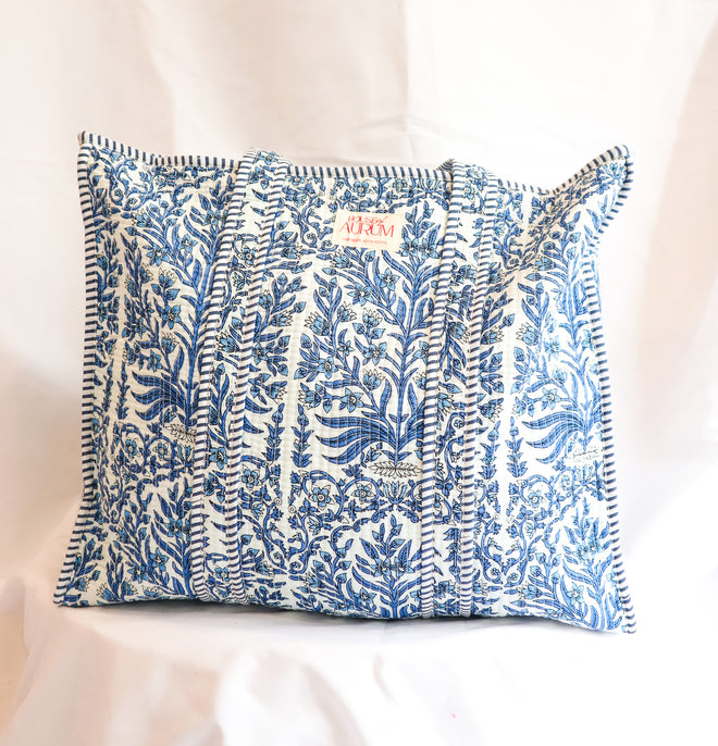 Cotton Quilted Tote- Royal Blue Floral