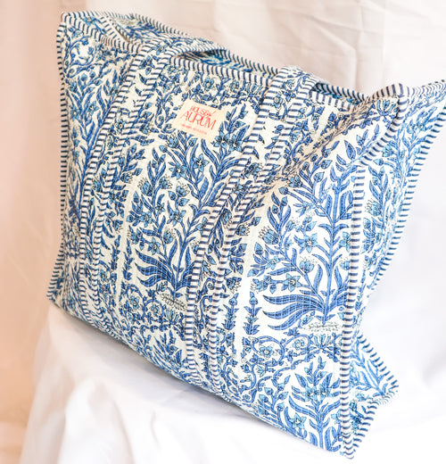 Cotton Quilted Tote- Royal Blue Floral