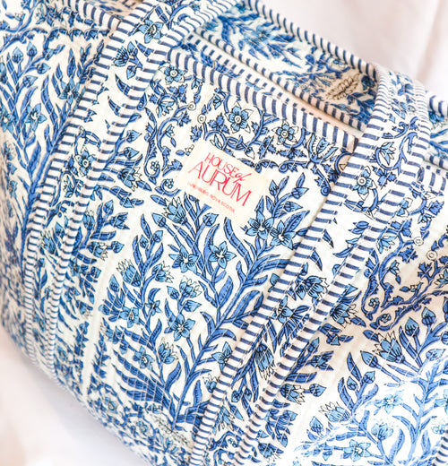 Cotton Quilted Tote- Royal Blue Floral