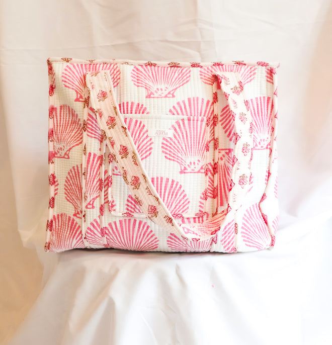 Cotton Quilted Tote- Pink Shell