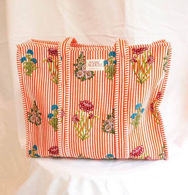 Cotton Quilted Tote- Orange Garden