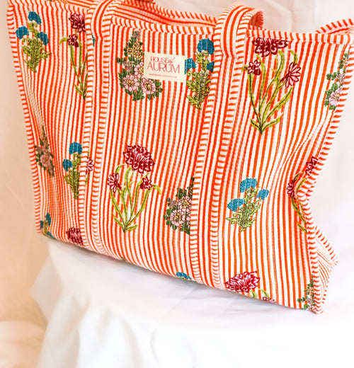 Cotton Quilted Tote- Orange Garden