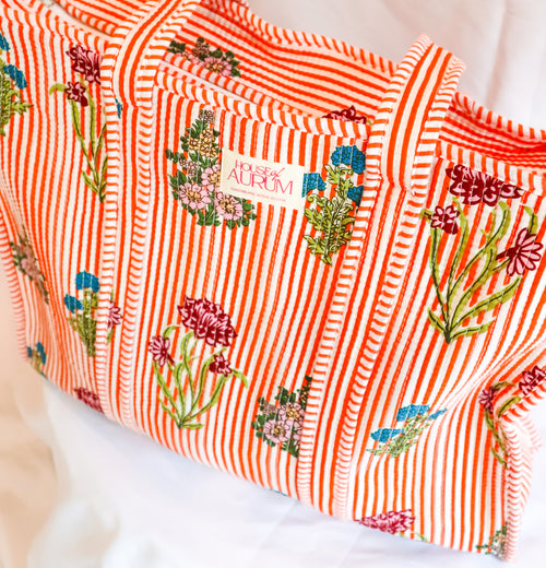 Cotton Quilted Tote- Orange Garden
