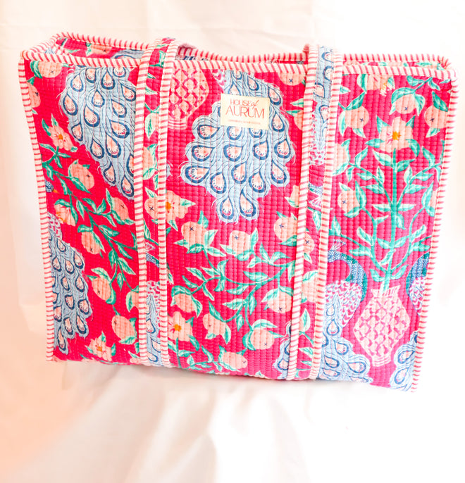 Cotton Quilted Tote- Hot Pink Floral