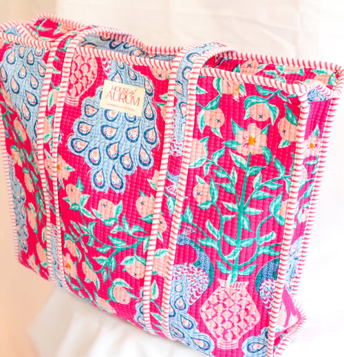 Cotton Quilted Tote- Hot Pink Floral